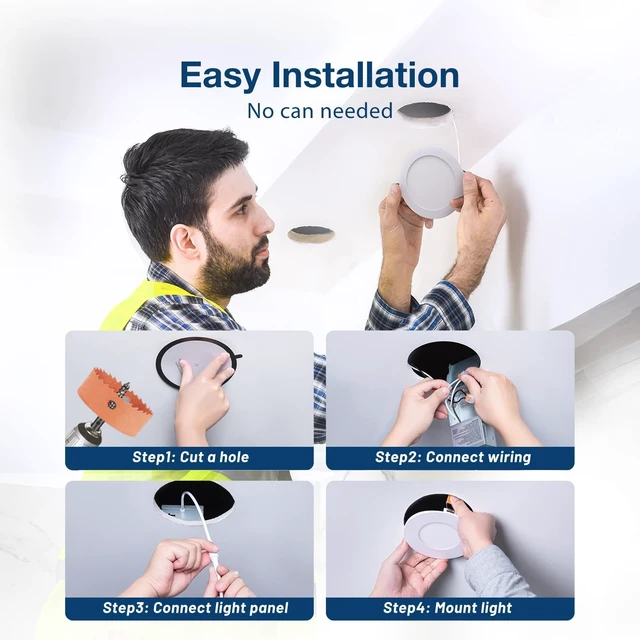 Alt view image 7 of 7 - Amico 6 Pack 4 Inch LED Recessed Light with Junction Box, 5CCT, 800LM, 11W | 2700K-5000K, 5%-100% Dimmable, 120V, White, Metal Housing, Ultra-Thin Canless Wafer Downlight, ETL, FCC, IC & Damp Rated