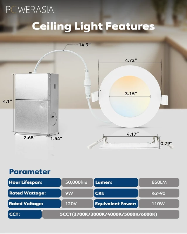 Alt view image 2 of 7 - POWERASIA 12 Pack 4 Inch LED Recessed Lighting, 5000K Canless Wafer, White | 5%-100% Dimmable, Ultra-thin, Metal housing 850LM 9W, IC & Damp Rated, ETL & FCC 50000h Life Span