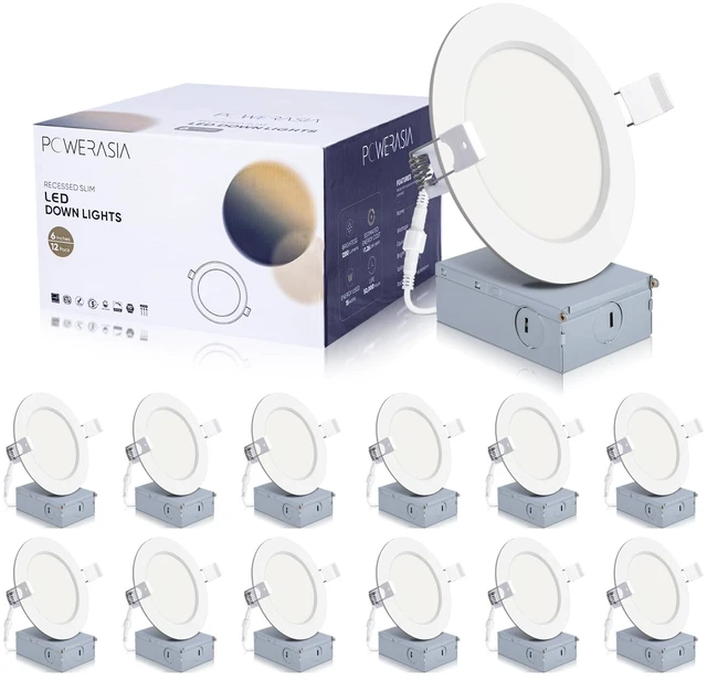 Main image of POWERASIA 12 Pack 4 Inch LED Recessed Lighting, 5000K Canless Wafer, White | 5%-100% Dimmable, Ultra-thin, Metal housing 850LM 9W, IC & Damp Rated, ETL & FCC 50000h Life Span