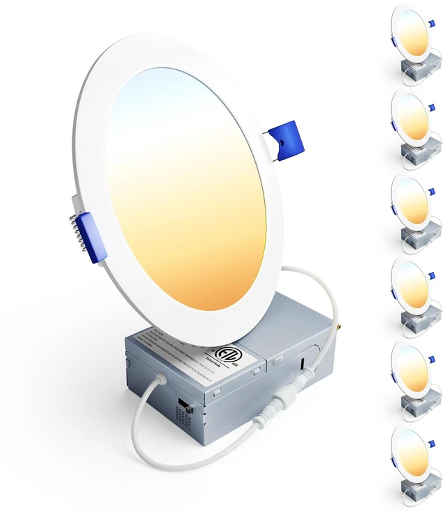Main image of Ensenior 6 Pack 6 Inch LED Recessed Light, 5CCT Dimmable Canless Wafer | 2700K-5000K Selectable, 5%-100% Dimmable, 1200LM 12W 120V, IC & Damp Rated, ETL & FCC & UL Certified, 50000h Life Span