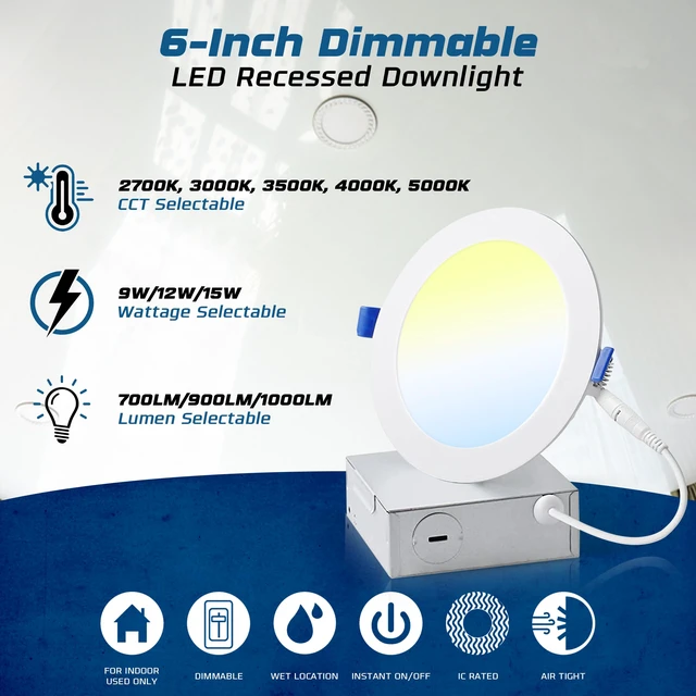 Alt view image 3 of 7 - OHBULBS 6 Inch Ultra-Thin LED Recessed Light with Junction Box (6 Pack) Dimmable Canless Wafer Downlight, 5CCT Selectable (2700K5000K) Adjustable Wattage, 1050LM High Brightness, ETL&FCC Certified