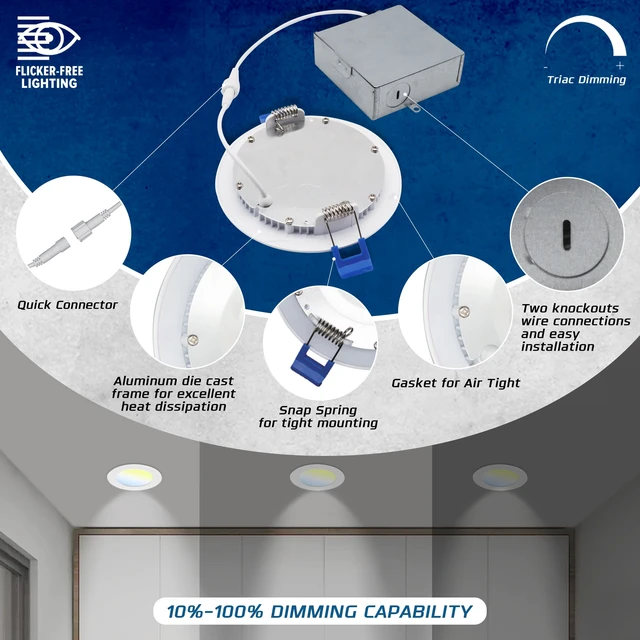 Alt view image 5 of 7 - OHBULBS 6 Inch Ultra-Thin LED Recessed Light with Junction Box (6 Pack) Dimmable Canless Wafer Downlight, 5CCT Selectable (2700K5000K) Adjustable Wattage, 1050LM High Brightness, ETL&FCC Certified