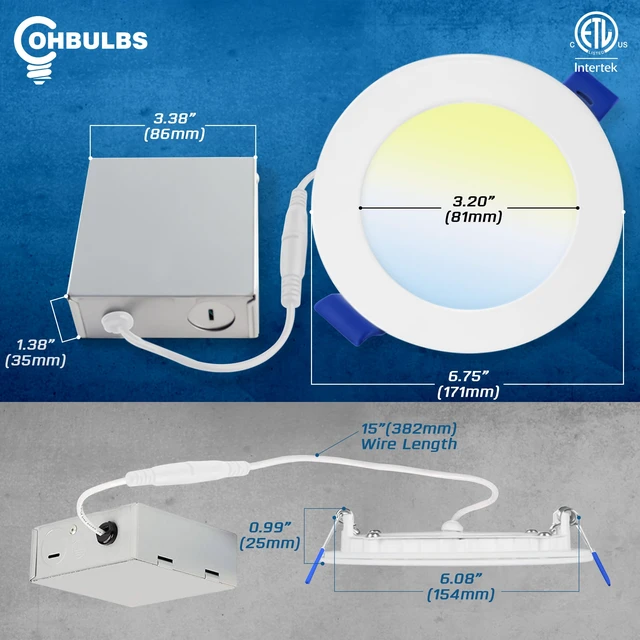 Alt view image 4 of 7 - OHBULBS 6 Inch Ultra-Thin LED Recessed Light with Junction Box (6 Pack) Dimmable Canless Wafer Downlight, 5CCT Selectable (2700K5000K) Adjustable Wattage, 1050LM High Brightness, ETL&FCC Certified