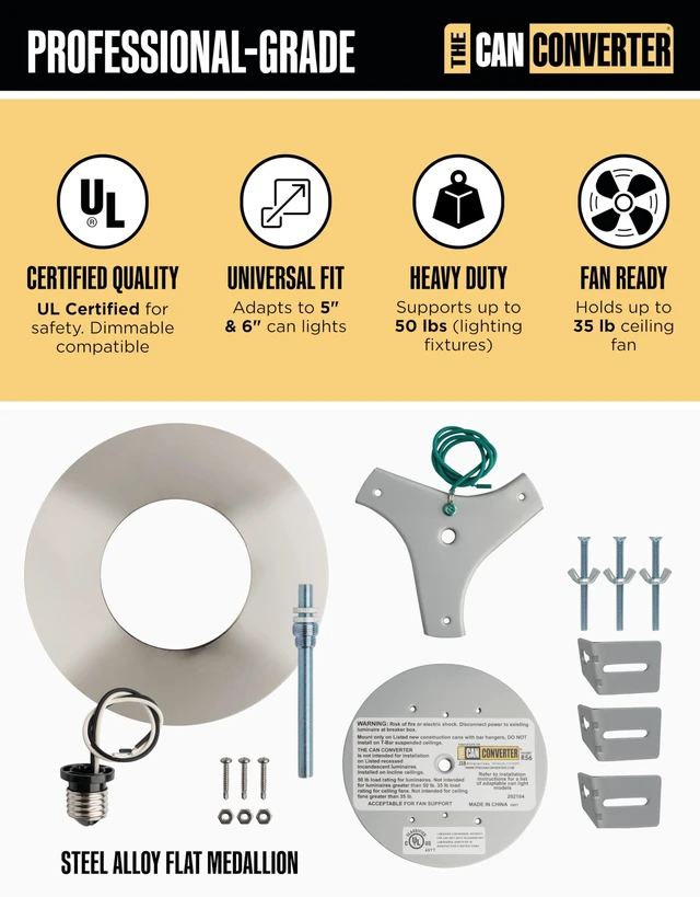 Alt view image 3 of 7 - The Can Converter R56 Recessed Can Light Conversion Kit w/ 7"¾ Flat Ceiling Medallion - Home Improvement for 5" & 6" Cans, Converter Kit for Ceiling Fan & Light Fixture, UL Certified, Polished Chrome