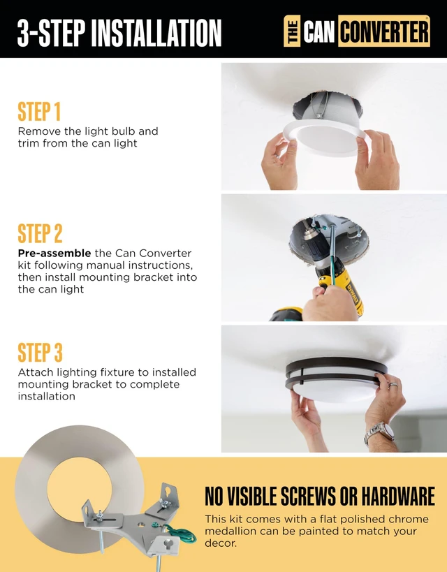 Alt view image 5 of 7 - The Can Converter R56 Recessed Can Light Conversion Kit w/ 7"¾ Flat Ceiling Medallion - Home Improvement for 5" & 6" Cans, Converter Kit for Ceiling Fan & Light Fixture, UL Certified, Polished Chrome