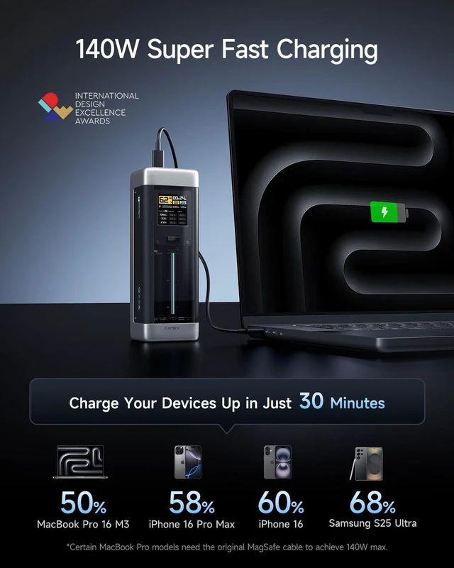 Alt view image 9 of 14 - CUKTECH NO.20 140W Power Bank, 25,000mAh 3-Port Laptop Portable Charger, Fast Charging Battery Pack for Travel and Outdoor Work, Compatible with iPhone 16/15/14 Series, MacBook, Samsung, and More