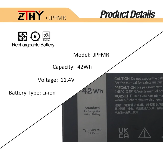 Alt view image 2 of 7 - ZTHY 42Wh JPFMR Battery Replacement for Dell Chromebook 3400 3100 2-in-1 | Chromebook 5488 5493 5593 Laptop P101G P101G001 P29T P29T001 0JPFMR 07GDY 16DPH 65N6H 7T0D3 7MT0R DN33X Battery 11.4V 3-Cell