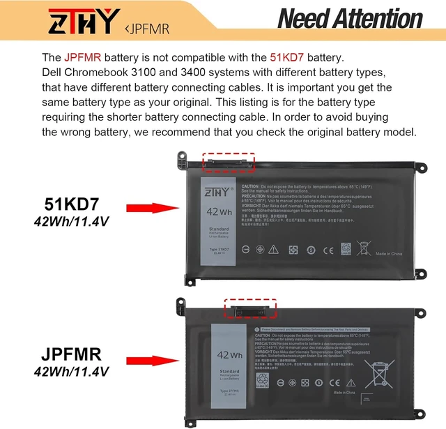 Alt view image 5 of 7 - ZTHY 42Wh JPFMR Battery Replacement for Dell Chromebook 3400 3100 2-in-1 | Chromebook 5488 5493 5593 Laptop P101G P101G001 P29T P29T001 0JPFMR 07GDY 16DPH 65N6H 7T0D3 7MT0R DN33X Battery 11.4V 3-Cell