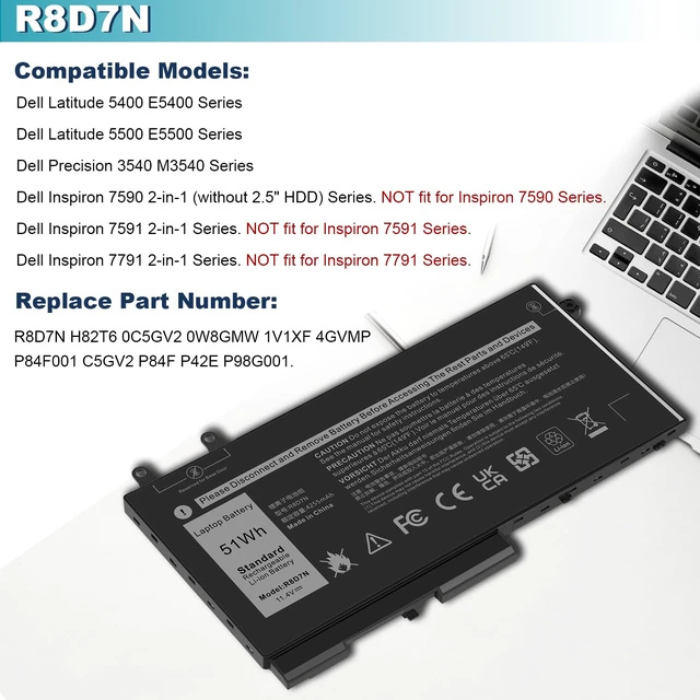 Alt view image 7 of 7 - R8D7N 4GVMP 1V1XF Laptop Battery Compatible with Dell Precision 3540 M3550 Latitude 5400 5410 5500 5510 Inspiron 7590/7591/7791 2-in-1 Series P80F P80F001 P84F H82T6 0C5GV2 W8GMW 0W8GMW 0R8D7N
