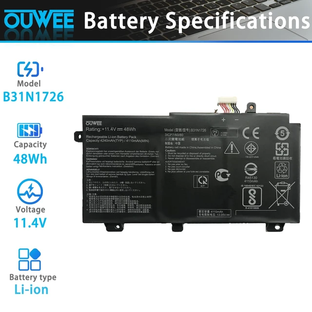Alt view image 2 of 6 - B31N1726 Battery for Asus FX80 FX86 TUF FX504 FX504G FX504GD FX504GE FX504GM FX505 FX505DT FX505DV FX505DU A15 FA506IU A17 FA706II Serie 11.4V 48Wh(Shape-A)