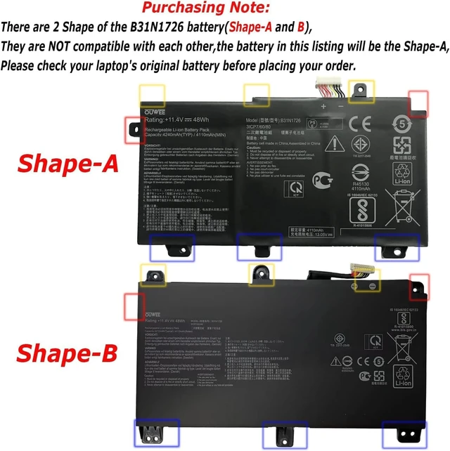 Alt view image 4 of 6 - B31N1726 Battery for Asus FX80 FX86 TUF FX504 FX504G FX504GD FX504GE FX504GM FX505 FX505DT FX505DV FX505DU A15 FA506IU A17 FA706II Serie 11.4V 48Wh(Shape-A)
