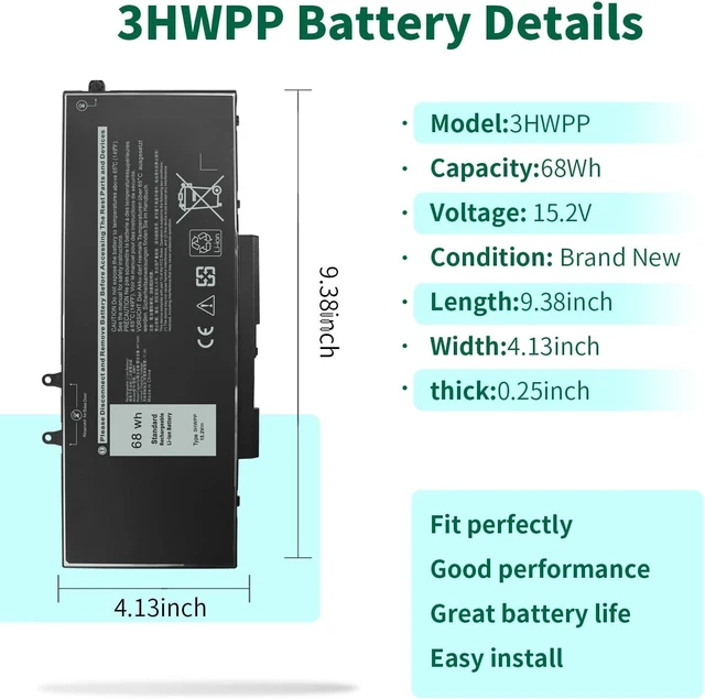 Alt view image 2 of 6 - 68Wh 3HWPP 15.2V Battery Replacement for Dell Inspiron 7706 2-in-1 Black | Inspiron 17 7500 7506 2-in-1 Black, Latitude 5401 5410 5411 5501 5510 5511 Precision 3551 3541 1VY7F