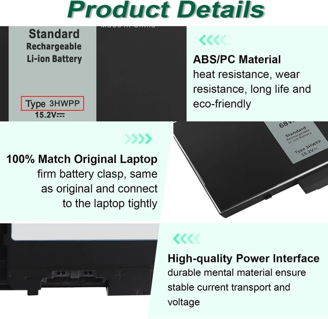 Alt view image 4 of 6 - 68Wh 3HWPP 15.2V Battery Replacement for Dell Inspiron 7706 2-in-1 Black | Inspiron 17 7500 7506 2-in-1 Black, Latitude 5401 5410 5411 5501 5510 5511 Precision 3551 3541 1VY7F