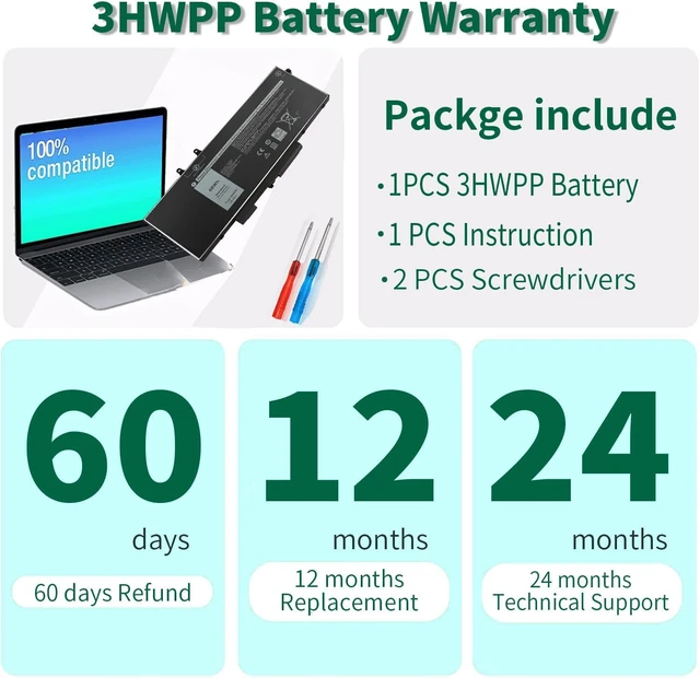 Alt view image 5 of 6 - 68Wh 3HWPP 15.2V Battery Replacement for Dell Inspiron 7706 2-in-1 Black | Inspiron 17 7500 7506 2-in-1 Black, Latitude 5401 5410 5411 5501 5510 5511 Precision 3551 3541 1VY7F
