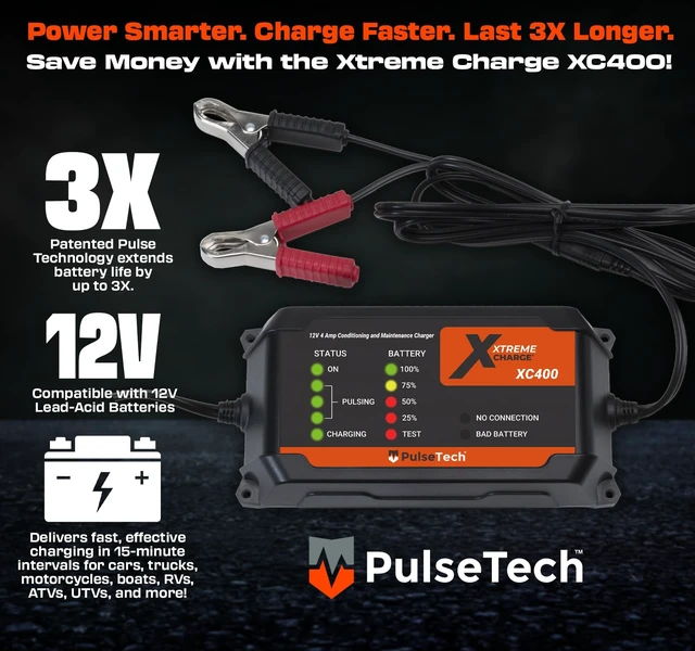 Alt view image 2 of 7 - PulseTech XC400 Xtreme Charge 4 AMP Smart Battery Charger & Maintainer | Test, Charge, Condition and Maintain All Types of 12V Lead-Acid Batteries