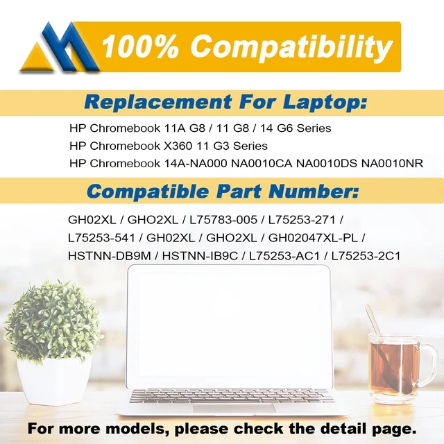 Alt view image 5 of 7 - GH02XL HP Laptop Battery Replacement for HP Chromebook 11A G8 11 G8 14 G6 Chromebook X360 11 G3 NA0010nr NA0010DS NA0010CASeries GHO2XL L75783-005 HSTNN-DB9M L75253-271 L75253-2C1 7.7V 47.3Wh 6000mAh