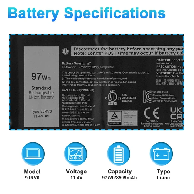 Alt view image 2 of 7 - BOWEIRUI 9JRV0 Laptop Battery for Dell Alienware M18 R1 R2 M17 R5 AMD | for Dell Precision 3561 3571 3581 Latitude 5521 5531 5421 5431 Series 05RGW 005RGW 53XP7 053XP7 11.4V 97Wh 8071mAh