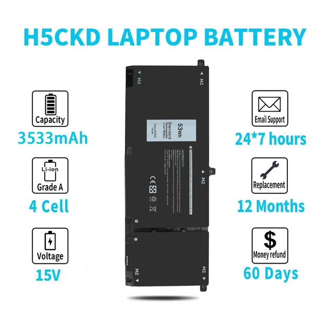Alt view image 6 of 7 - 53Wh H5CKD 15V Battery for Dell Inspiron 7506 7405 7306 7300 7500 5406 5400 2-in-1 Silver 5502 5501 5402 5401 5505 5300 5301 5508 5509 Latitude 3410 3510 Vostro 5502 5501 5402 5401 p102f p126g 9077G