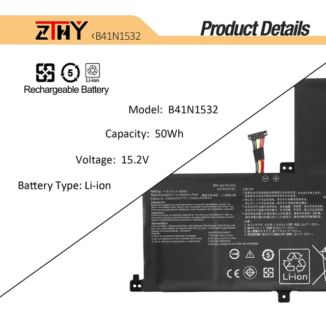 Alt view image 2 of 7 - B41N1532 Laptop Battery Replacement for Asus Q504U Q504UA Q504UAK Q534UA | Zenbook Flip UX560 UX560UA UX560UAK UX560UA-FZ014T UX560UQ-FJ051T Q504UA-BBI5T12 BHI5T13 BHI7T21 B41BK25 B41Bl95 15.2V 50Wh
