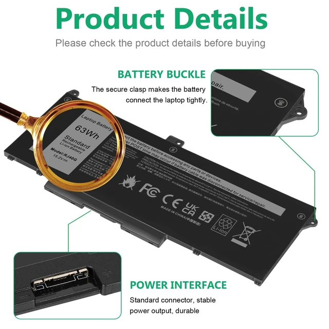 Alt view image 3 of 7 - ASUNCELL RJ40G 63Wh Laptop Battery Replacement for Dell Latitude 15 5520 Latitude 14 5420 Precision 15 3560 Series M033W 01K2CF 075X16 WY9DX P137G P137G001 P104F P104F001 0WK3F1 0M3KCN 15.2V 3941mAh