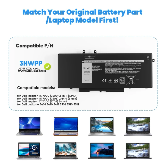 Alt view image 2 of 7 - 68Wh 3HWPP 15.2V Battery for Dell Latitude 5501 5510 5511 5401 5410 5411 E5410 E5510 E5401 E5501 E5411 E5511 Precision 3551 3541 for Inspiron 17 7500 7506 2-in-1 Black 451-BCMN 10X1J N2NLL 1VY7F 3YNXM