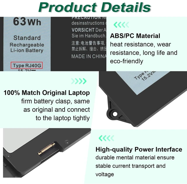 Alt view image 4 of 7 - DMKAOLLK 63WH RJ40G Battery for Dell Latitude 15 5520 Latitude 14 5420 | Precision 15 3560 Series Laptop, fit for Dell P137G P137G001 F P104F P104F001 RJ4OG 01K2F 075X16 WY9DX 0WK3F1 15.2V