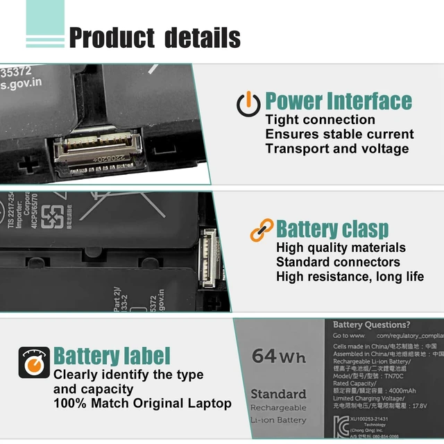 Alt view image 4 of 7 - TN70C Laptop Battery for Dell Latitude 3320 3420 3520 Series V6W33 0WV3K8 | for Dell Inspiron 3510 3511 3515 5310 5410 5415 5510; Inspiron 7415 2in1; 14 Plus 7420 7430; Vostro 3510 3511 5410 Series