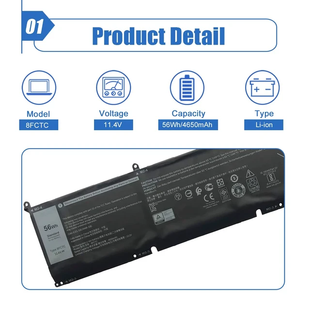 Alt view image 2 of 6 - Dentsing 56Wh 8FCTC Laptop Battery Compatible with DELL XPS 15 9500 XPS 15 9500-R1505S -R1845S -R1845TS -R1945TS Series Notebook 3ICP7/73/64 DVG8M P8P1P 11.4V 4650mAh