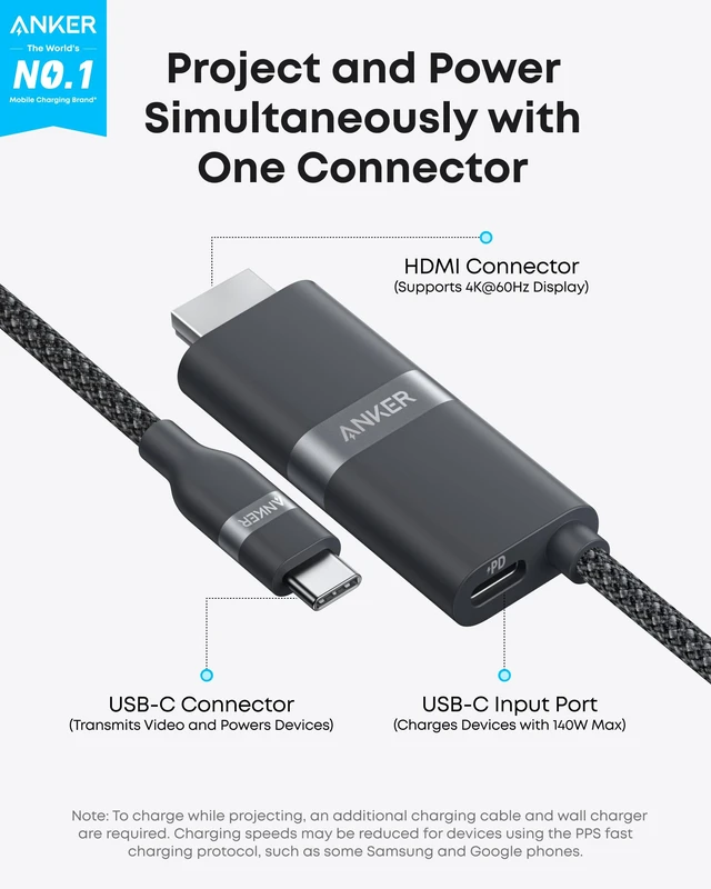 Alt view image 2 of 7 - Anker Nano USB C to HDMI Cable Adapter, 140W PD Fast Charging, 4K@60Hz | Sustainable Advanced Shielding, Thunderbolt 5/4/3 Compatible, for MacBook, iPhone, HD TV, (6ft, Black)