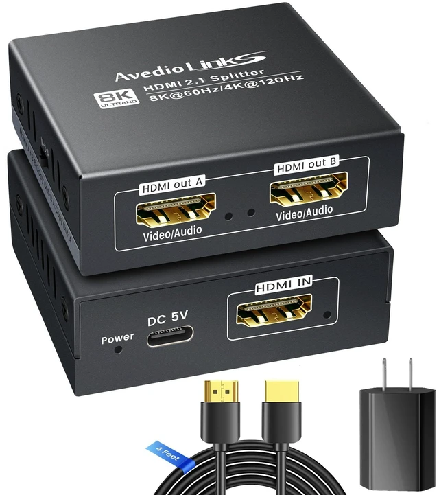Main image of HDMI 2.1 Splitter 1 in 2 Out 8K@60Hz w/ 4ft 8K HDMI Cable, HDCP 2.3 4K@120Hz HDMI Audio Splitter for Soundbar, Support VRR, ALLM, HDR10+, Dolby Vision/Atmos 7.1ch, Down Scaler, 48Gbps for PS5
