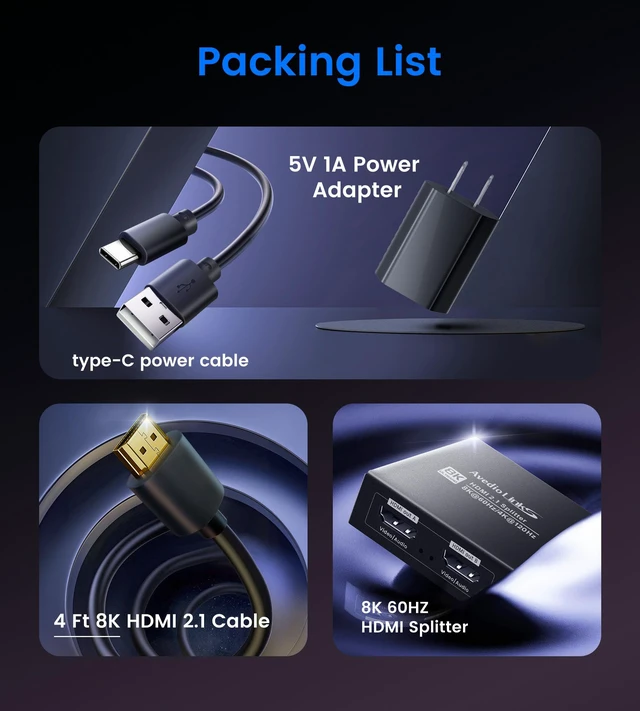 Alt view image 4 of 7 - HDMI 2.1 Splitter 1 in 2 Out 8K@60Hz w/ 4ft 8K HDMI Cable, HDCP 2.3 4K@120Hz HDMI Audio Splitter for Soundbar, Support VRR, ALLM, HDR10+, Dolby Vision/Atmos 7.1ch, Down Scaler, 48Gbps for PS5