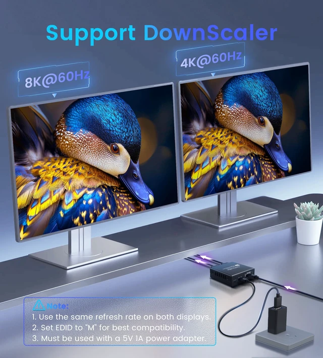 Alt view image 5 of 7 - HDMI 2.1 Splitter 1 in 2 Out 8K@60Hz w/ 4ft 8K HDMI Cable, HDCP 2.3 4K@120Hz HDMI Audio Splitter for Soundbar, Support VRR, ALLM, HDR10+, Dolby Vision/Atmos 7.1ch, Down Scaler, 48Gbps for PS5