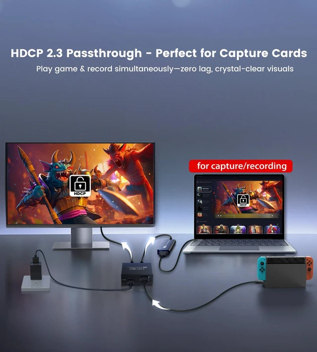 Alt view image 6 of 7 - HDMI 2.1 Splitter 1 in 2 Out 8K@60Hz w/ 4ft 8K HDMI Cable, HDCP 2.3 4K@120Hz HDMI Audio Splitter for Soundbar, Support VRR, ALLM, HDR10+, Dolby Vision/Atmos 7.1ch, Down Scaler, 48Gbps for PS5