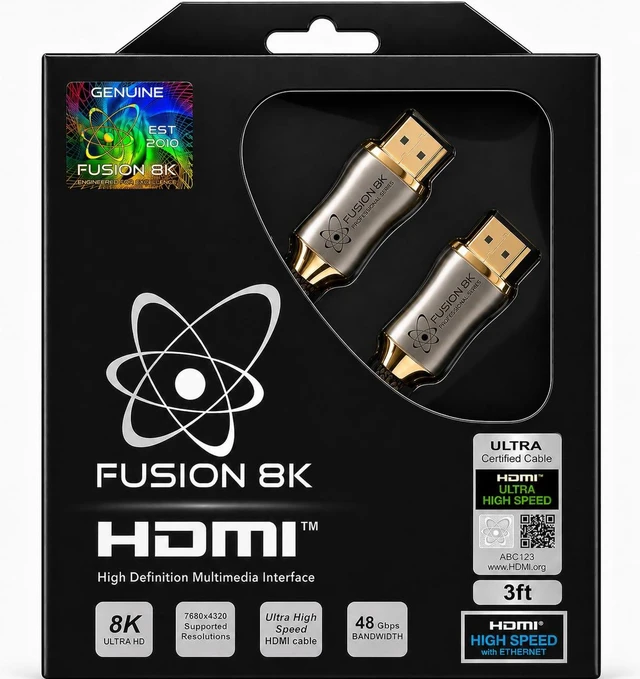 Main image of Fusion8K Certified HDMI 2.1 Cable 48Gbps 3ft - 10K 8K@60Hz 4K@120Hz 144Hz | eARC HDR10 Dolby Vision HDCP 2.3 | Braided Cord for PS5, Xbox Series X, Apple TV 4K, Roku, OLED TV
