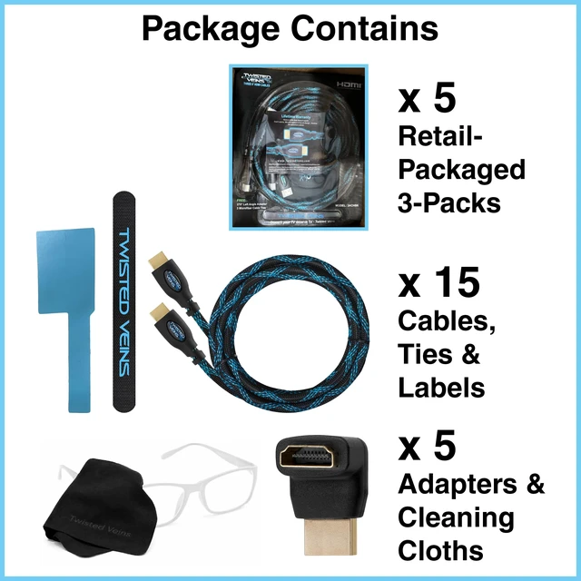 Alt view image 2 of 7 - Twisted Veins 15 Pack of 6FT 4K HDMI Cables Bulk HDMI Cable Multipack | HDMI to HDMI Cable Multi pack, HDMI Cord Multipack Features Premium Braided Jackets, Flex Neck Connectors, Plus Accessories