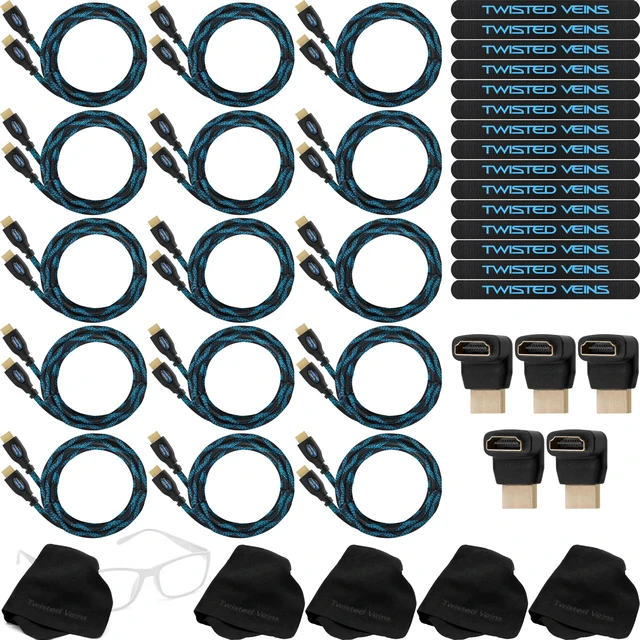 Main image of Twisted Veins 15 Pack of 6FT 4K HDMI Cables Bulk HDMI Cable Multipack | HDMI to HDMI Cable Multi pack, HDMI Cord Multipack Features Premium Braided Jackets, Flex Neck Connectors, Plus Accessories