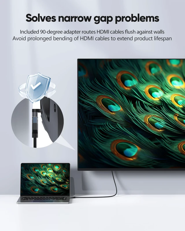 Alt view image 6 of 7 - HDMI 2.1 Cable 13FT 2-Pack, 48Gbps Ultra High Speed for Home Theater | 90° Adapter & 5 Ties, 8K@60Hz, 4K@120Hz, 2K@240Hz, Dolby, eARC, For TV, Soundbar, PS5, Xbox, Roku, Monitor