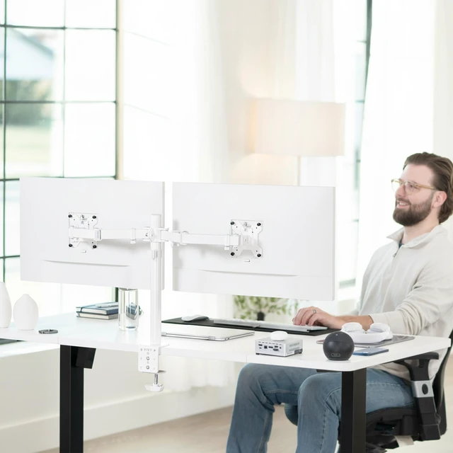 Alt view image 2 of 7 - VIVO Dual Monitor Desk Mount for 13 to 30 inch Screens, STAND-V002W | White, Articulating, Adjustable Monitor Arm, Grommet or C-Clamp Mounting, Computer Stand for 2 Monitors, Holds 22 lbs Each