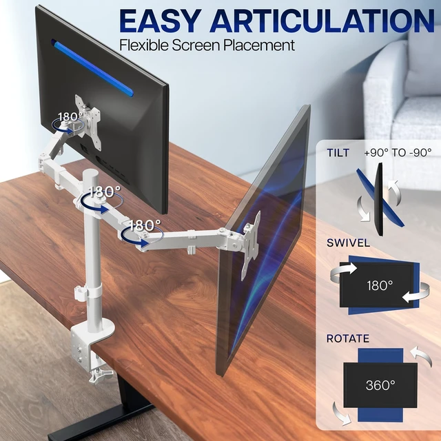 Alt view image 3 of 7 - VIVO Dual Monitor Desk Mount for 13 to 30 inch Screens, STAND-V002W | White, Articulating, Adjustable Monitor Arm, Grommet or C-Clamp Mounting, Computer Stand for 2 Monitors, Holds 22 lbs Each