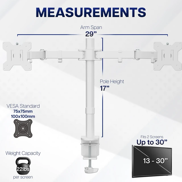 Alt view image 4 of 7 - VIVO Dual Monitor Desk Mount for 13 to 30 inch Screens, STAND-V002W | White, Articulating, Adjustable Monitor Arm, Grommet or C-Clamp Mounting, Computer Stand for 2 Monitors, Holds 22 lbs Each