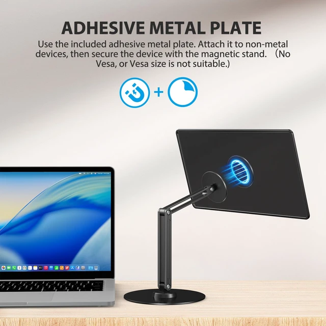 Alt view image 4 of 7 - UPERFECT Magnetic VESA Stand, Adjustable Aluminum Arm for Portable Monitor | Magnetic Upgrade, 75×75mm VESA Mount, Adhesive Metal Plates, 360° Swivel Base, Supports 1019" Screens Up to 4.4 lbs