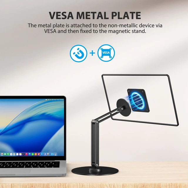 Alt view image 2 of 7 - UPERFECT Magnetic VESA Stand, Adjustable Aluminum Arm for Portable Monitor | Magnetic Upgrade, 75×75mm VESA Mount, Adhesive Metal Plates, 360° Swivel Base, Supports 1019" Screens Up to 4.4 lbs