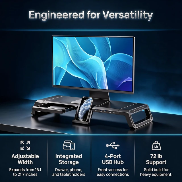 Alt view image 2 of 7 - Petify Computer Monitor Stand Riser with Storage Drawer, USB Hub, RGB | Adjustable 16.1-21.7 in width; holds 72 lb; phone holder; fits a wide monitor or laptop; gaming desk organizer, black