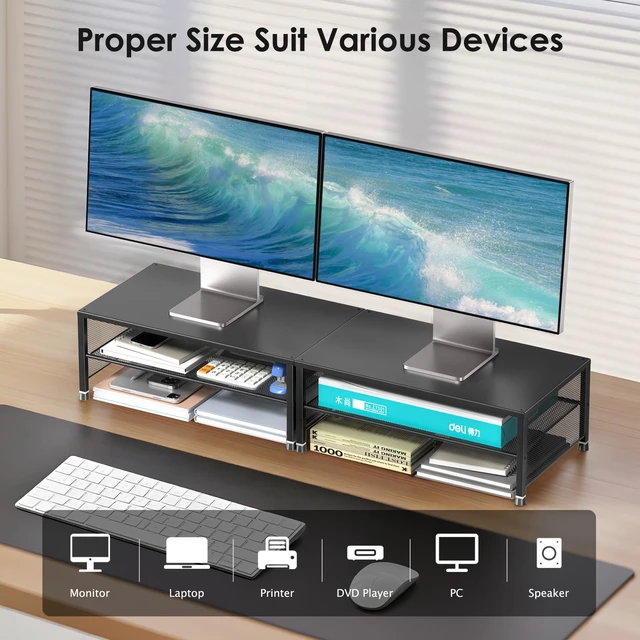 Alt view image 2 of 7 - ECOLOVI 2-Tier Computer Monitor Stand Riser, Printer & Laptop Stand, Office Desk Accessories, Workspace Desk Organizer for Home Office Supplies, Black 2-Pack