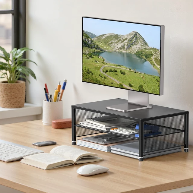 Alt view image 3 of 7 - ECOLOVI 2-Tier Computer Monitor Stand Riser, Printer & Laptop Stand, Office Desk Accessories, Workspace Desk Organizer for Home Office Supplies, Black 2-Pack