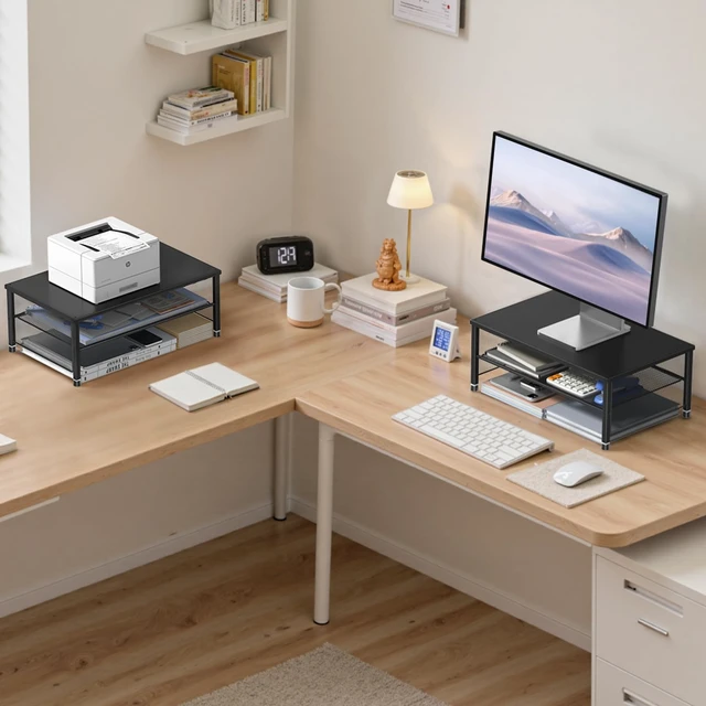 Alt view image 5 of 7 - ECOLOVI 2-Tier Computer Monitor Stand Riser, Printer & Laptop Stand, Office Desk Accessories, Workspace Desk Organizer for Home Office Supplies, Black 2-Pack