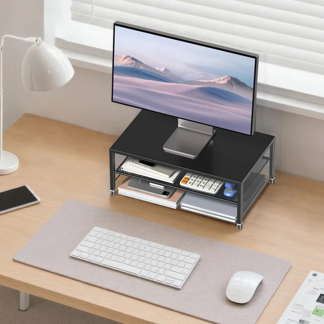 Alt view image 6 of 7 - ECOLOVI 2-Tier Computer Monitor Stand Riser, Printer & Laptop Stand, Office Desk Accessories, Workspace Desk Organizer for Home Office Supplies, Black 2-Pack