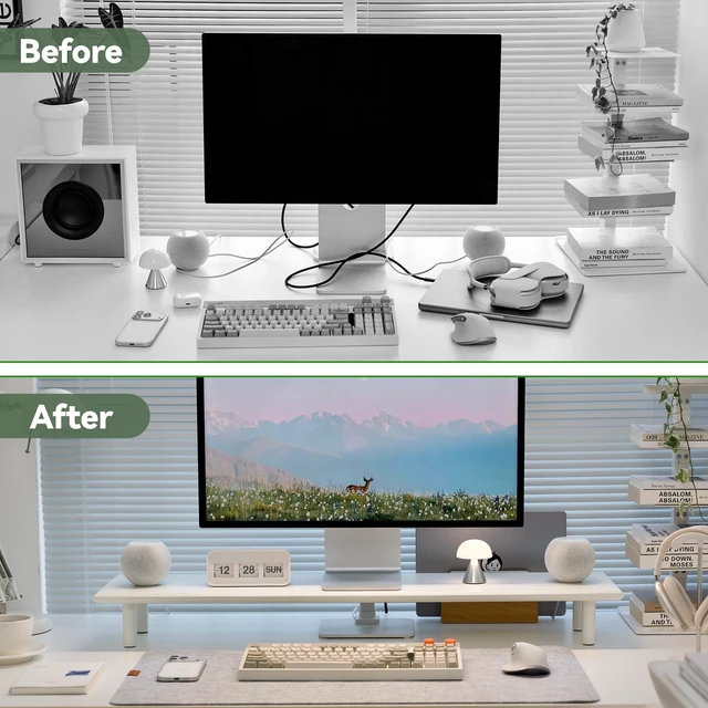 Alt view image 5 of 7 - ROCDEER Bamboo Dual Monitor Stand Riser, White Desk Shelf with Storage | 39.37-Inch Wide, 3.5-Inch Clearance, Fits Keyboards, Soundbars and Two 24-Inch Monitors for Home Office