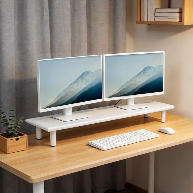 Alt view image 6 of 7 - ROCDEER Bamboo Dual Monitor Stand Riser, White Desk Shelf with Storage | 39.37-Inch Wide, 3.5-Inch Clearance, Fits Keyboards, Soundbars and Two 24-Inch Monitors for Home Office