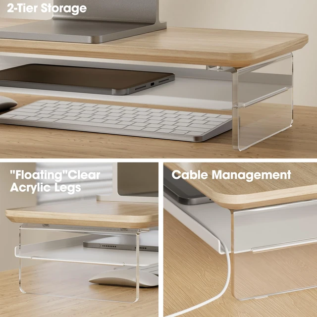 Alt view image 3 of 7 - Fenge 23.6" Monitor Stand with Clear Acrylic Legs, Oak | Clear Acrylic, Storage Compartment, 2-tier Home Office Monitor Riser, Wide Large Desktop Shelf Fit Monitor/Laptop/Printer